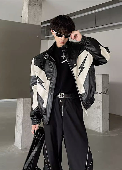 【MARTHENAUT】Monotone Color Thunder Design Leather Jacket  MH0015