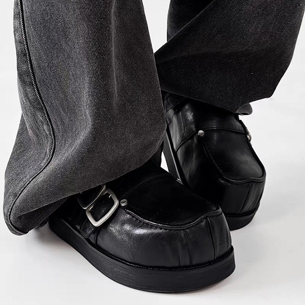 【8/8新作】Double belt design slip-on style black shoes  HL3185