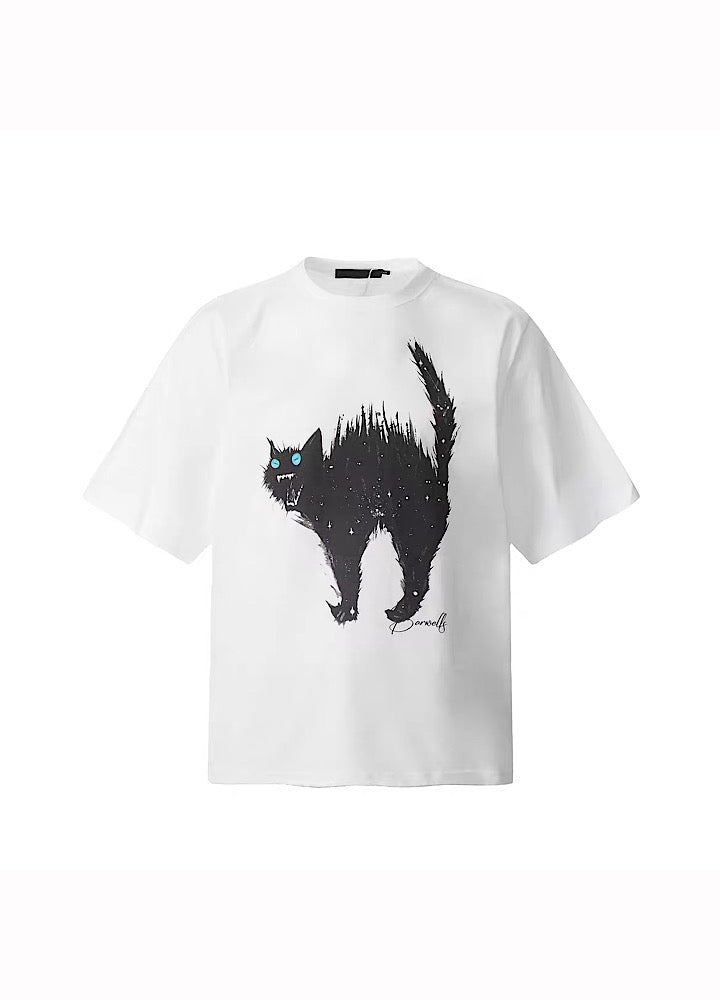[H GANG X] Angry cat illustration design monotone short sleeve T-shirt HX0031