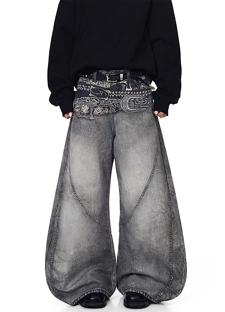 【Blacklists】Waist 3D print design dull gray base denim pants  BL0067