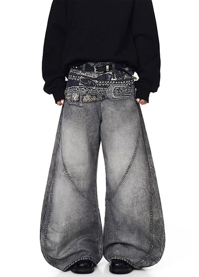 【Blacklists】Waist 3D print design dull gray base denim pants  BL0067