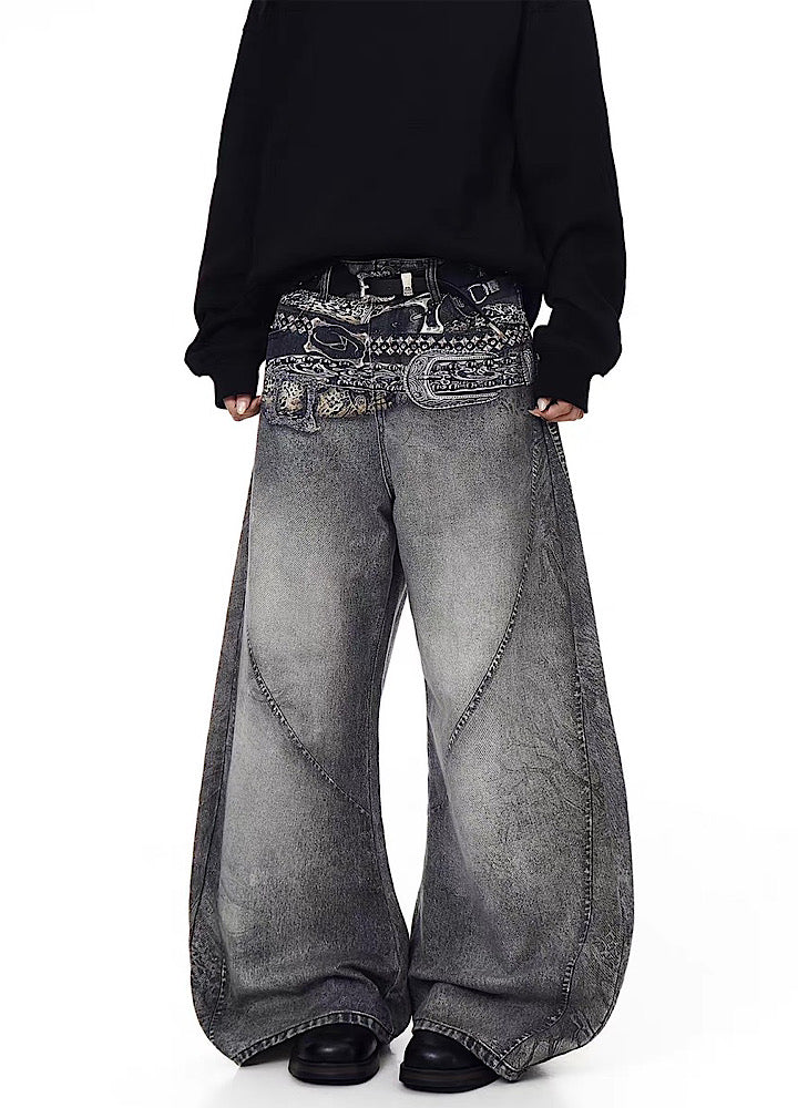 【Blacklists】Waist 3D print design dull gray base denim pants  BL0067