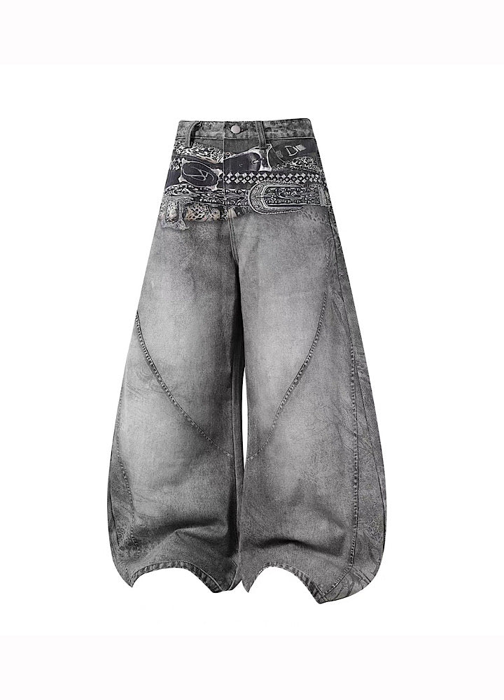 【Blacklists】Waist 3D print design dull gray base denim pants  BL0067
