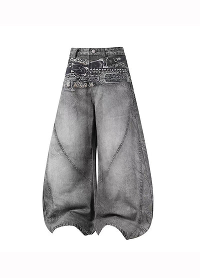 【Blacklists】Waist 3D print design dull gray base denim pants  BL0067