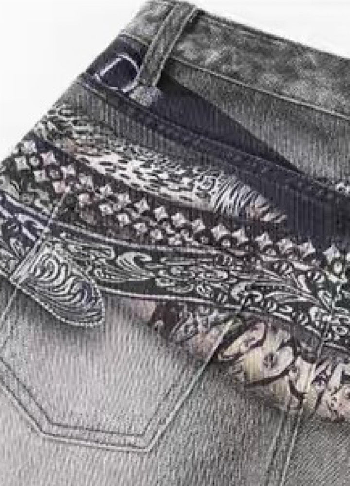 【Blacklists】Waist 3D print design dull gray base denim pants  BL0067