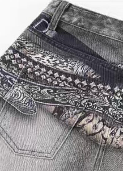 【Blacklists】Waist 3D print design dull gray base denim pants  BL0067