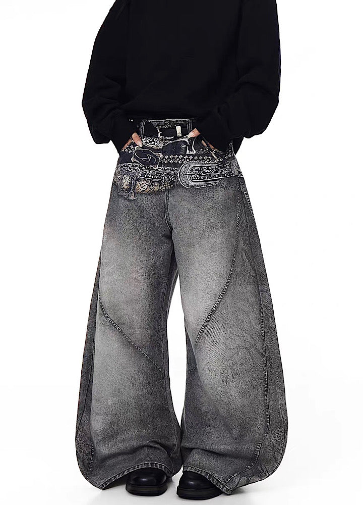 【Blacklists】Waist 3D print design dull gray base denim pants  BL0067