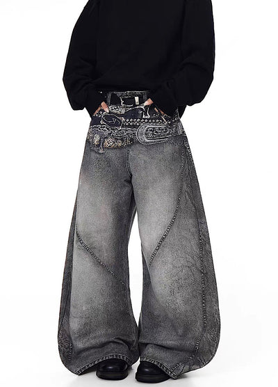 【Blacklists】Waist 3D print design dull gray base denim pants  BL0067