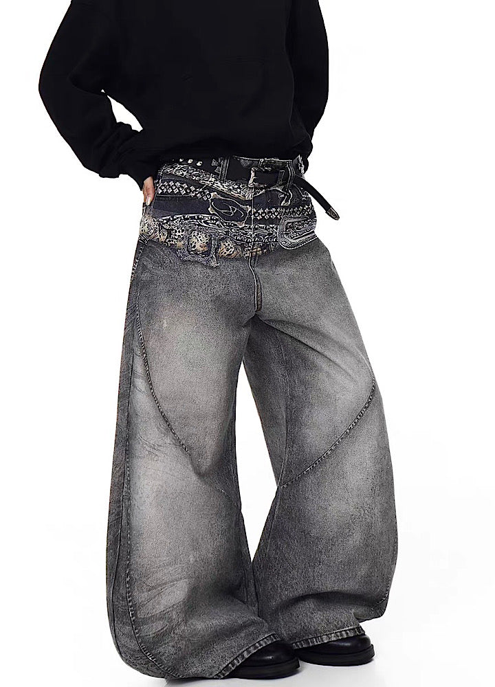 【Blacklists】Waist 3D print design dull gray base denim pants  BL0067