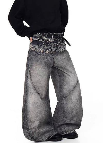 【Blacklists】Waist 3D print design dull gray base denim pants  BL0067