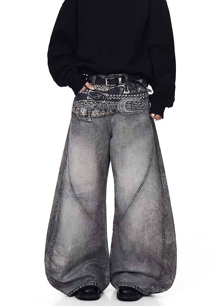 【Blacklists】Waist 3D print design dull gray base denim pants  BL0067