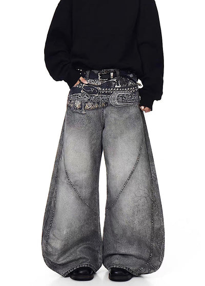 【Blacklists】Waist 3D print design dull gray base denim pants  BL0067