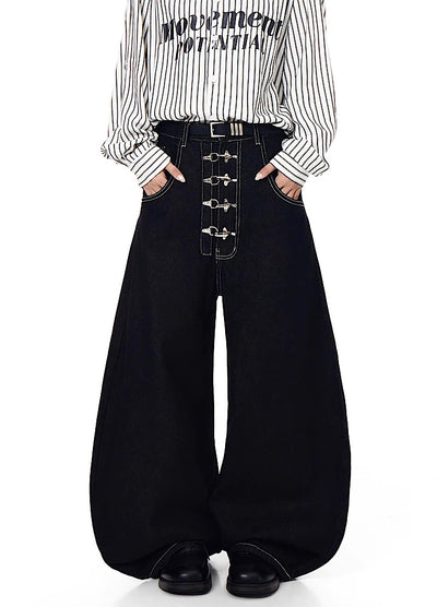 【Blacklists】Multi-belt buckle design black wide denim pants  BL0068