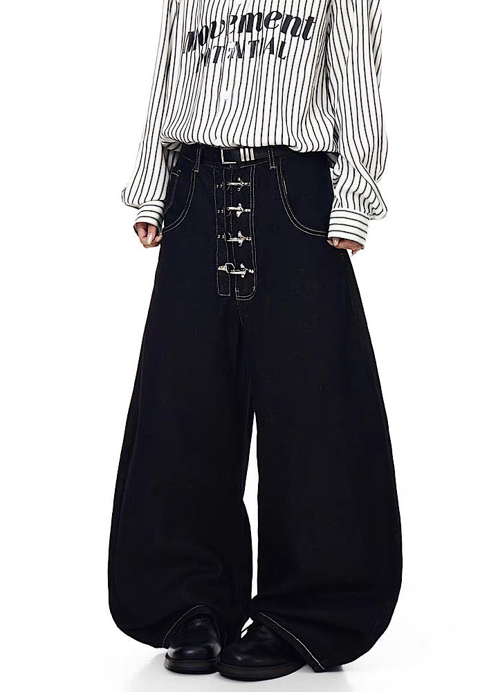 【Blacklists】Multi-belt buckle design black wide denim pants  BL0068
