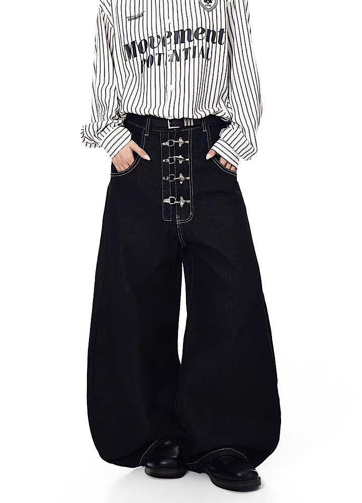 【Blacklists】Multi-belt buckle design black wide denim pants  BL0068