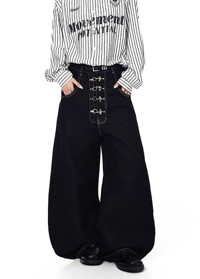 【Blacklists】Multi-belt buckle design black wide denim pants  BL0068