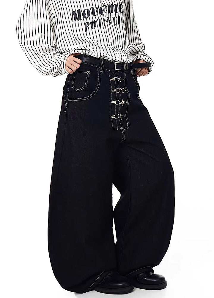 【Blacklists】Multi-belt buckle design black wide denim pants  BL0068