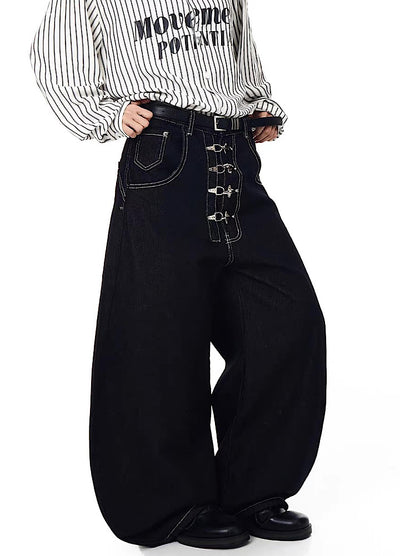 【Blacklists】Multi-belt buckle design black wide denim pants  BL0068