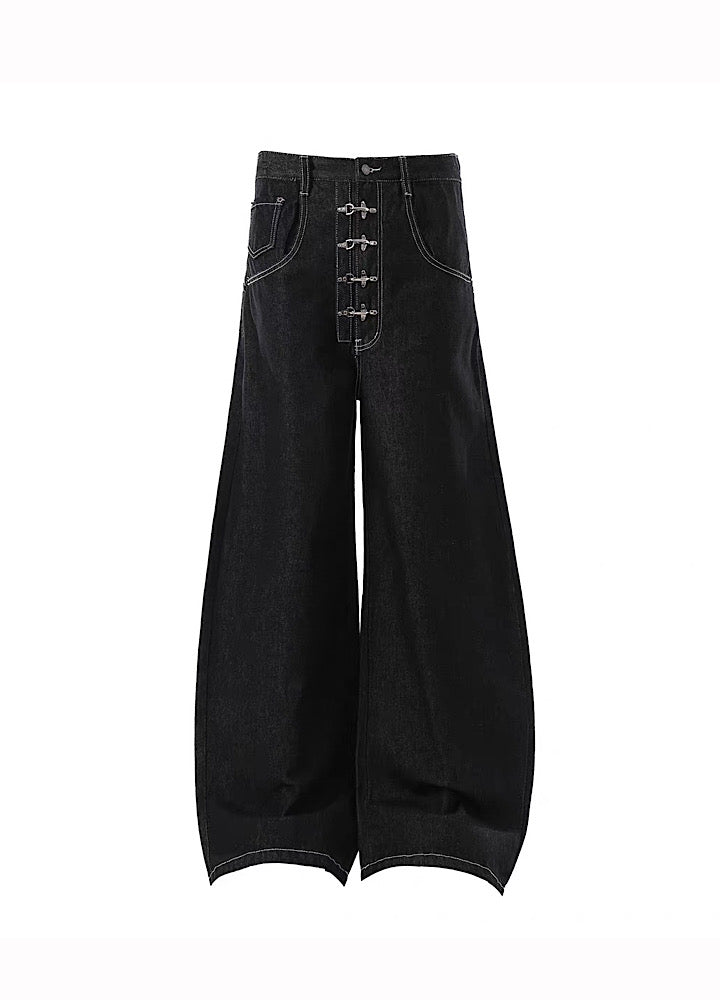 【Blacklists】Multi-belt buckle design black wide denim pants  BL0068