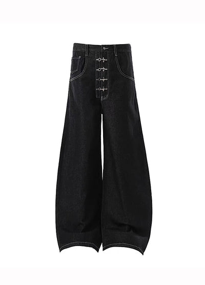 【Blacklists】Multi-belt buckle design black wide denim pants  BL0068