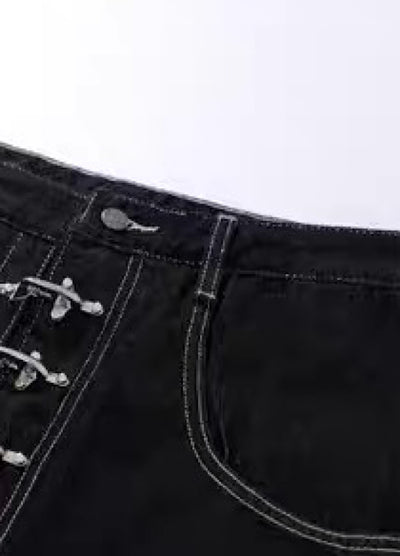 【Blacklists】Multi-belt buckle design black wide denim pants  BL0068