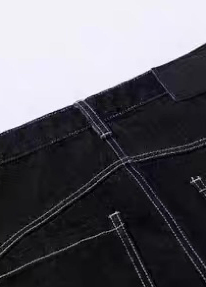 【Blacklists】Multi-belt buckle design black wide denim pants  BL0068