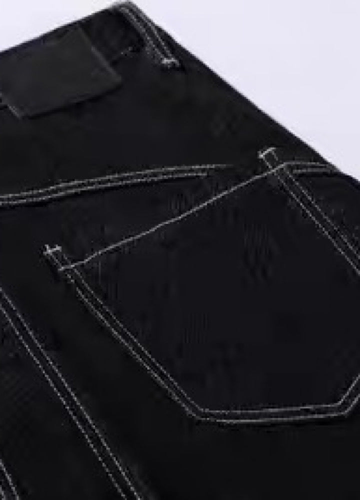 【Blacklists】Multi-belt buckle design black wide denim pants  BL0068