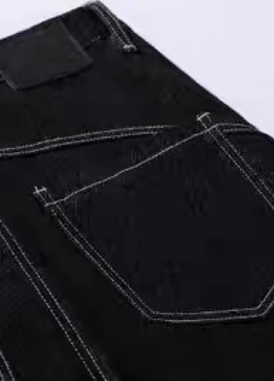 【Blacklists】Multi-belt buckle design black wide denim pants  BL0068