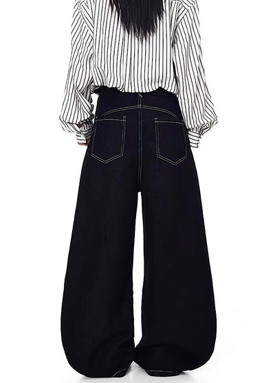 【Blacklists】Multi-belt buckle design black wide denim pants  BL0068