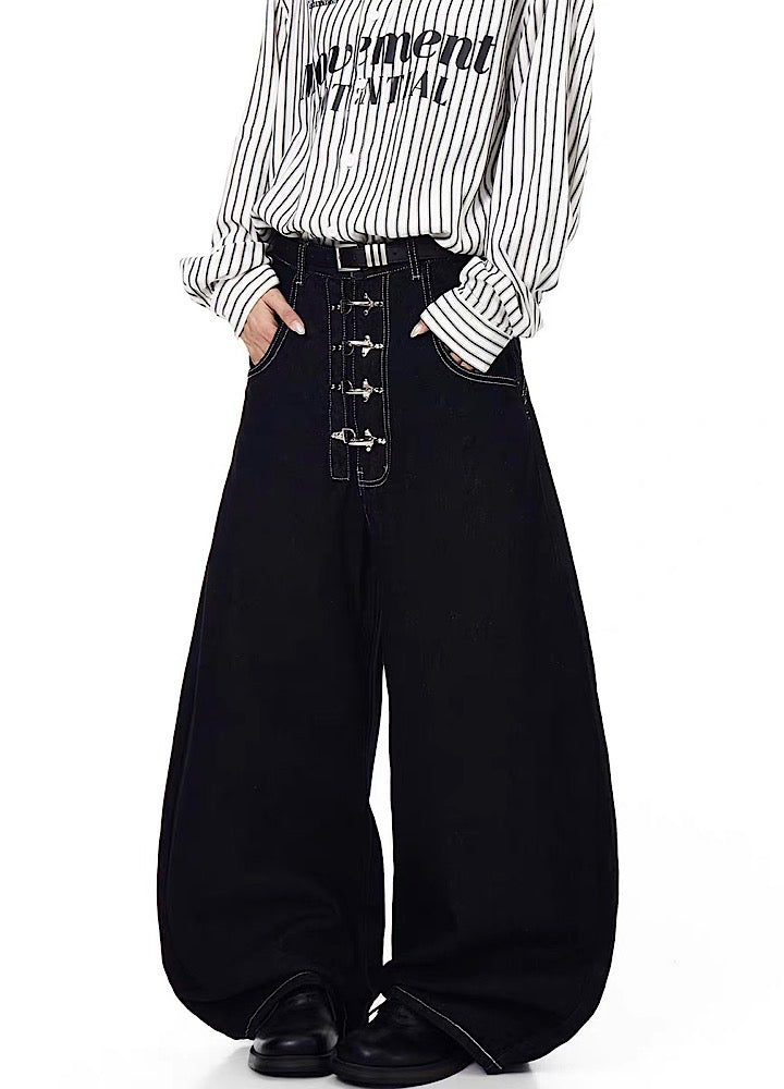 【Blacklists】Multi-belt buckle design black wide denim pants  BL0068