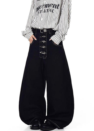 【Blacklists】Multi-belt buckle design black wide denim pants  BL0068
