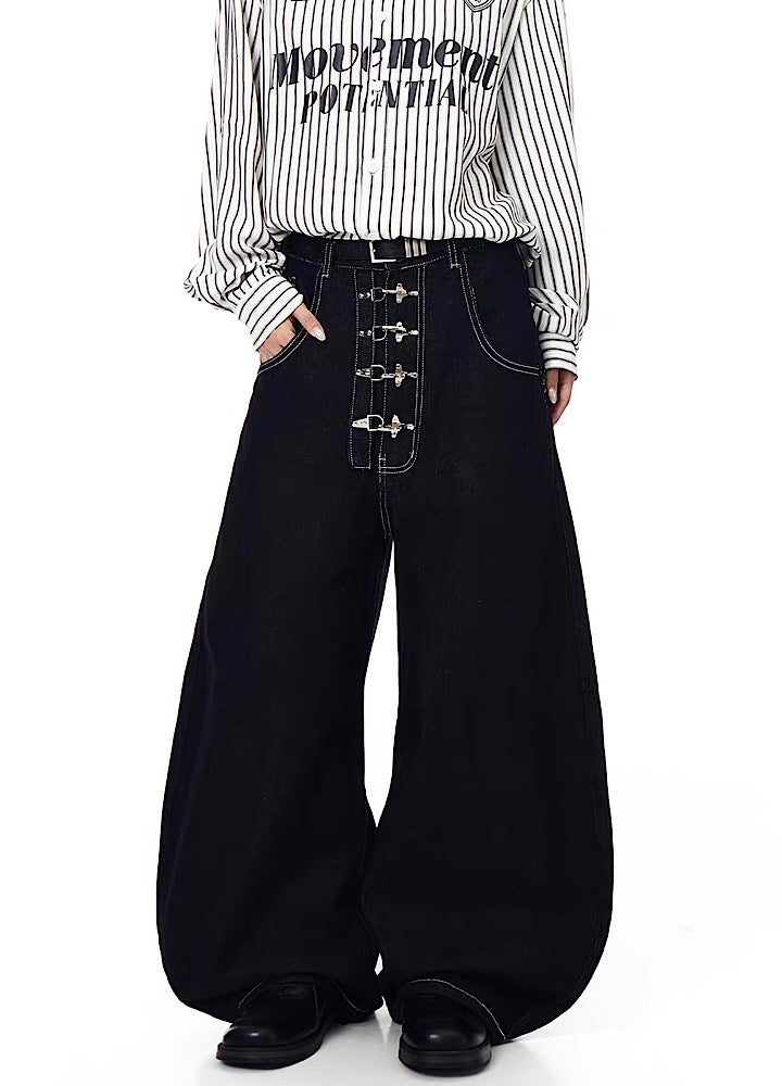 【Blacklists】Multi-belt buckle design black wide denim pants  BL0068