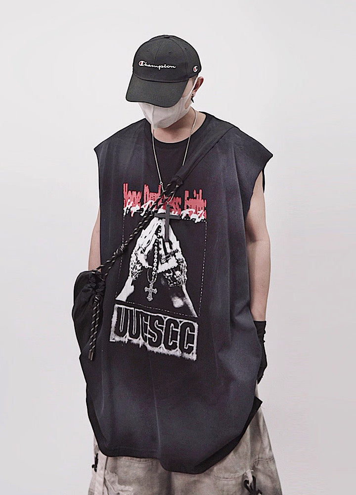 【UUCSCC】Front vintage design wash color sleeveless  US0105