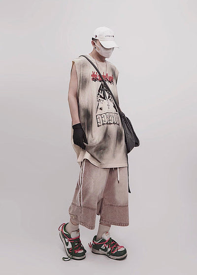 【UUCSCC】Front vintage design wash color sleeveless  US0105