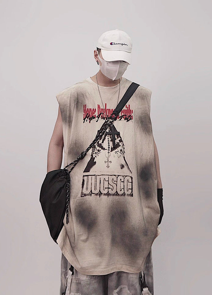 【UUCSCC】Front vintage design wash color sleeveless  US0105