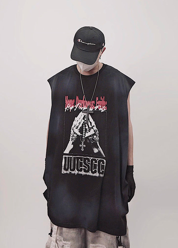 【UUCSCC】Front vintage design wash color sleeveless  US0105