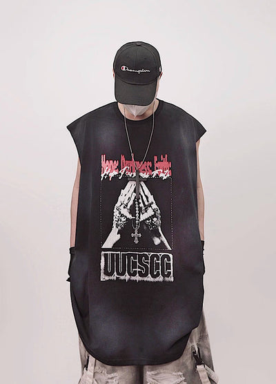 【UUCSCC】Front vintage design wash color sleeveless  US0105
