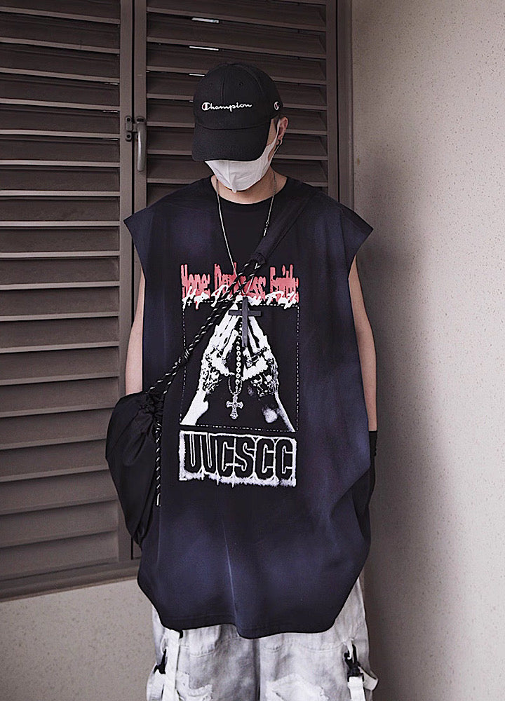【UUCSCC】Front vintage design wash color sleeveless  US0105