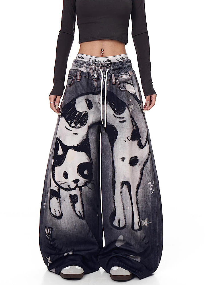 【Blacklists】Front cat painted illustration design dark sweatpants  BL0071