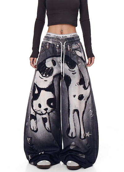 【Blacklists】Front cat painted illustration design dark sweatpants  BL0071