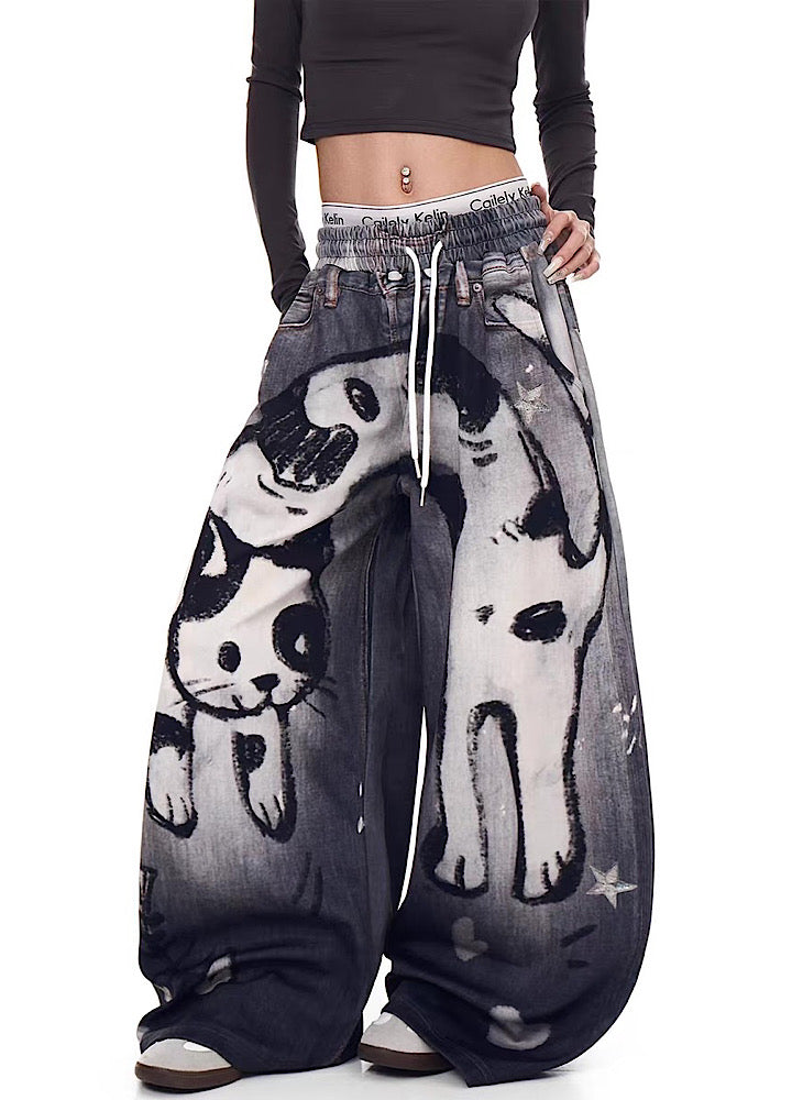 【Blacklists】Front cat painted illustration design dark sweatpants  BL0071