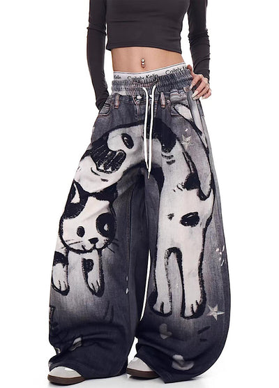 【Blacklists】Front cat painted illustration design dark sweatpants  BL0071