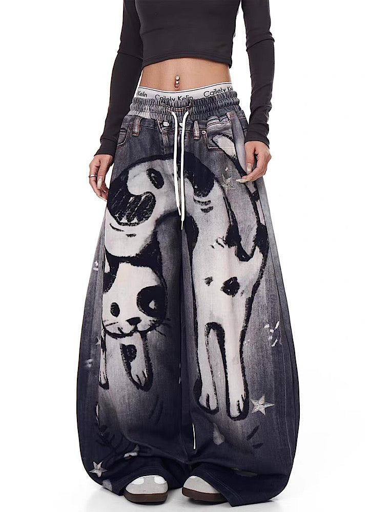 【Blacklists】Front cat painted illustration design dark sweatpants  BL0071