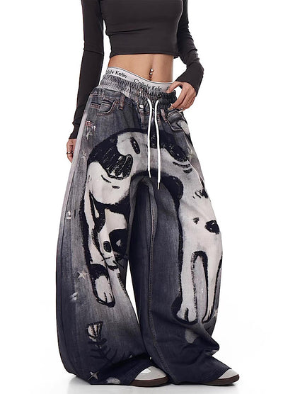 【Blacklists】Front cat painted illustration design dark sweatpants  BL0071