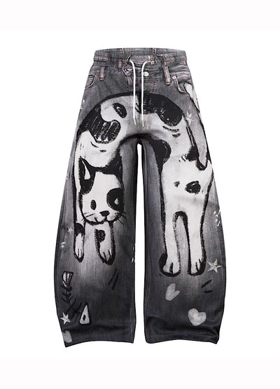 【Blacklists】Front cat painted illustration design dark sweatpants  BL0071