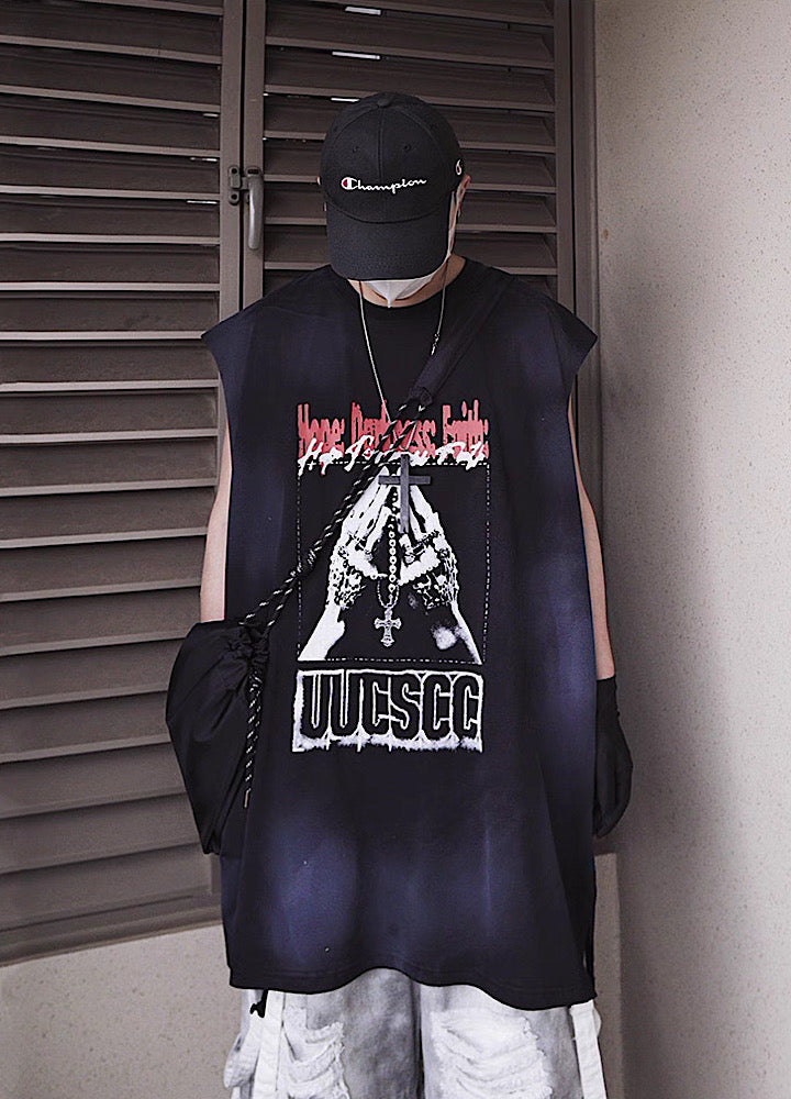【UUCSCC】Front vintage design wash color sleeveless  US0105