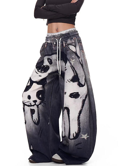 【Blacklists】Front cat painted illustration design dark sweatpants  BL0071
