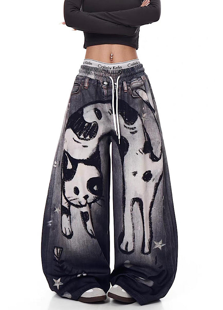 【Blacklists】Front cat painted illustration design dark sweatpants  BL0071