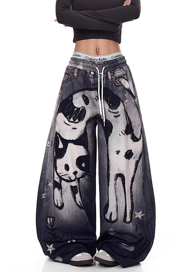 【Blacklists】Front cat painted illustration design dark sweatpants  BL0071