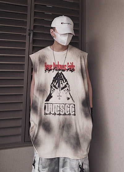 【UUCSCC】Front vintage design wash color sleeveless  US0105
